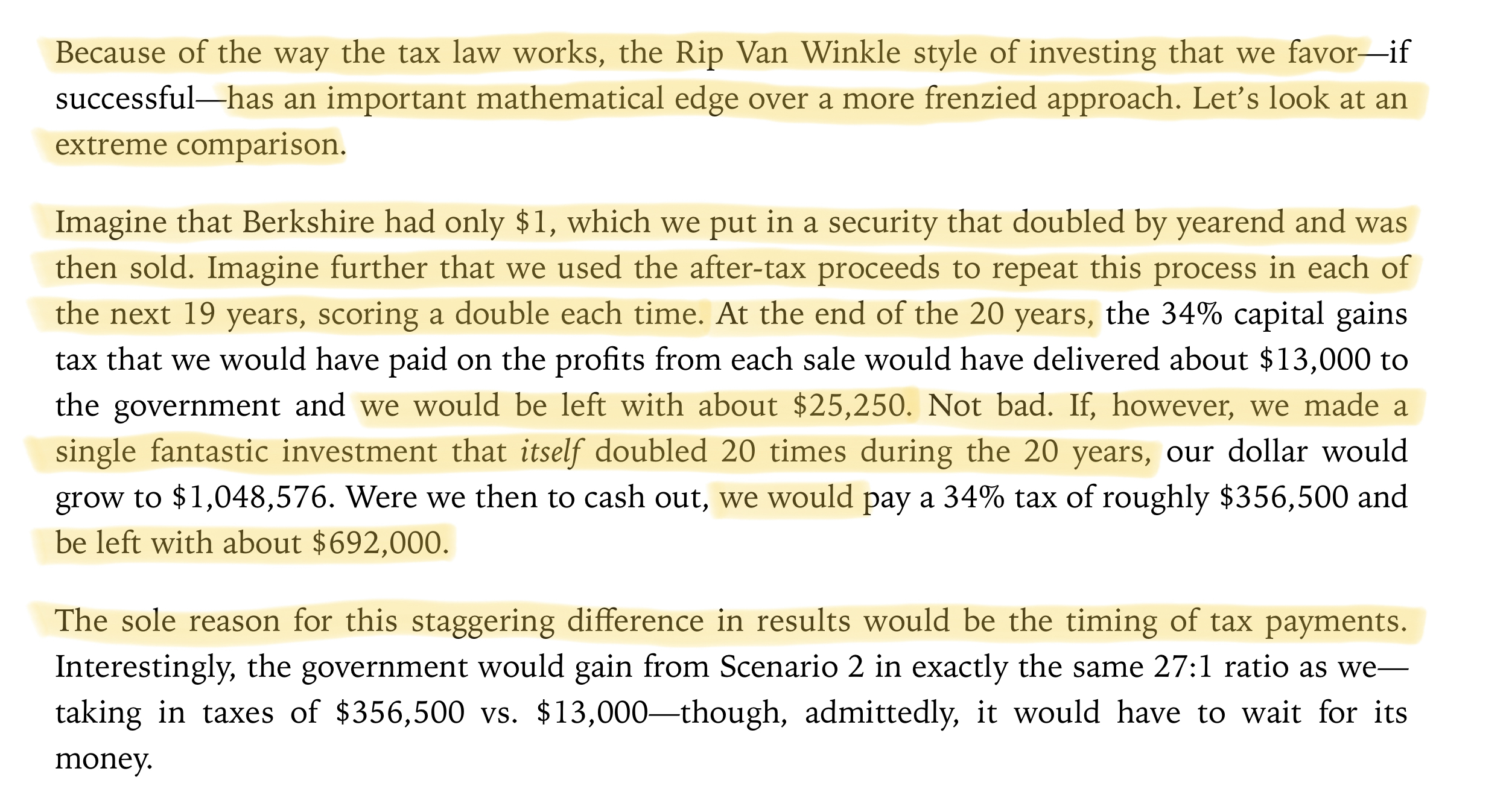 Tax Deferred Compounding na carta da Berkshire Hathaway de 1989. Retirado de https://twitter.com/10kdiver/status/1396125692081836039/photo/1.